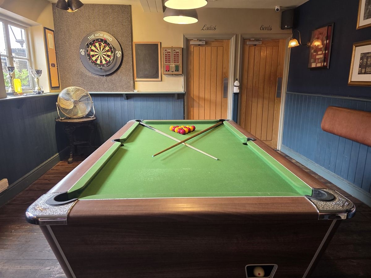 The games room: the pool table racked up, with The Hop Bind dartboard on the wall and navy panelling